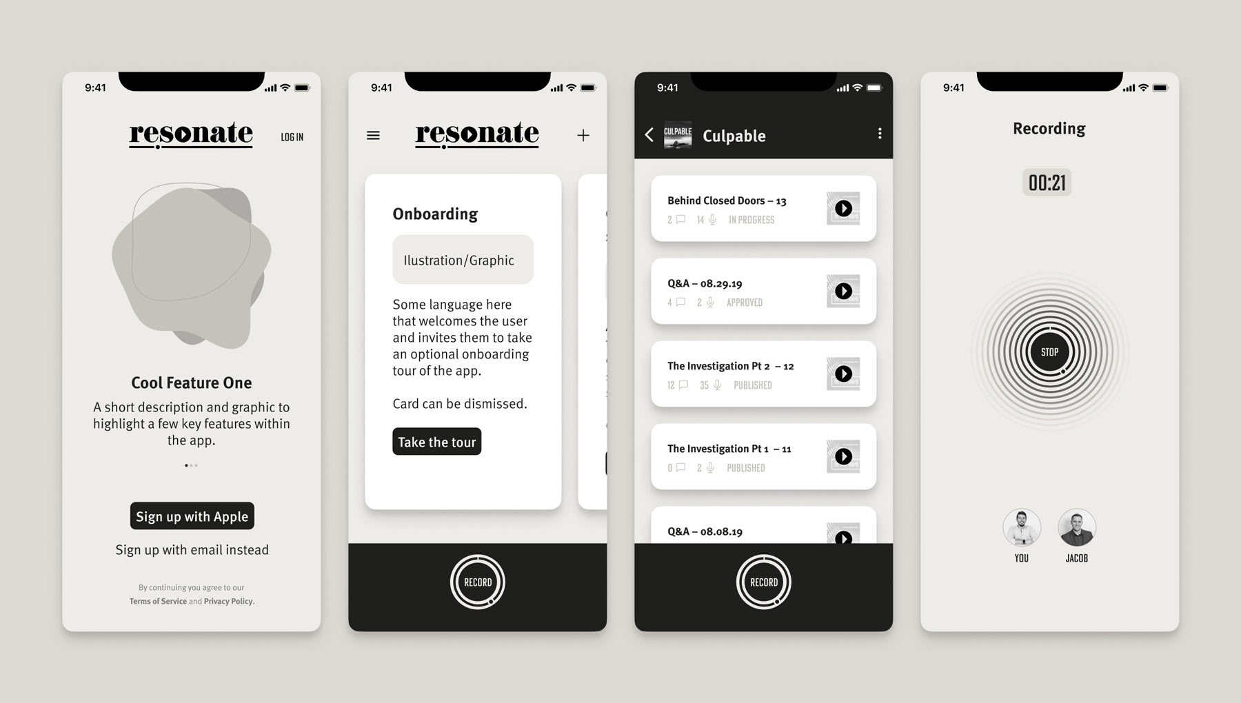 Image of low fidelity iOS app wireframes