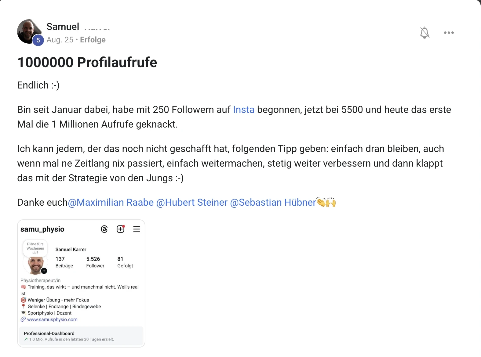 Kundenstimme KI Creator Akademie: Physiotherapeut Samuel wächst auf 5.500 Follower und 1 Mio. Aufrufe