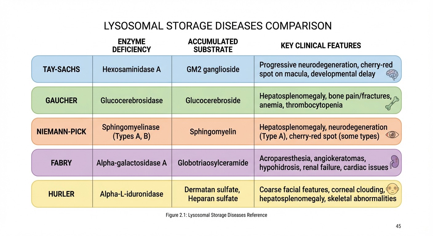 Lysosomal storage diseases comparison table with enzymes and clinical features