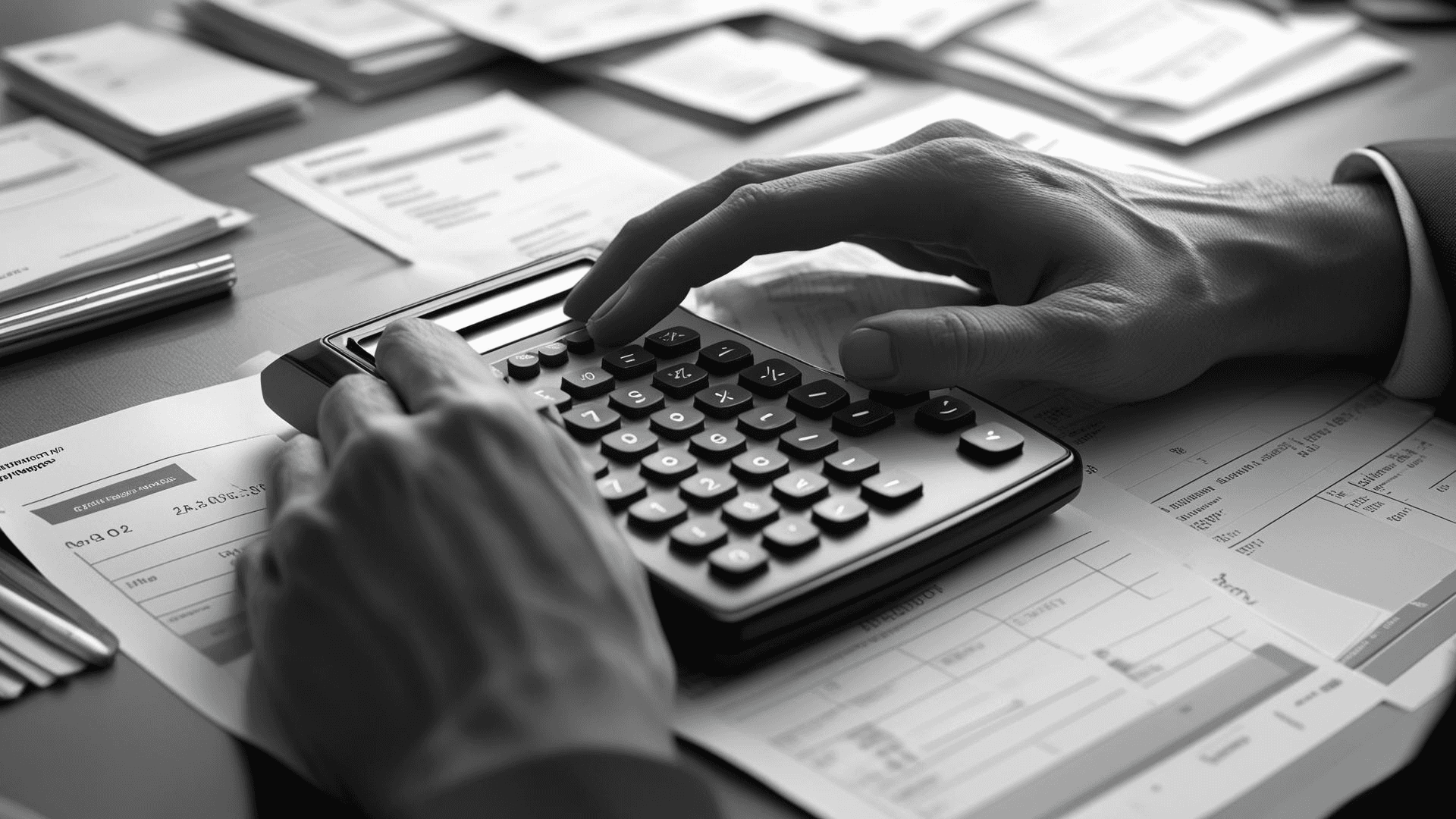 Black and white photograph of a professional working at a desk with invoices and financial documents, laptop open showing data entry, representing automated billing processes in transportation management.