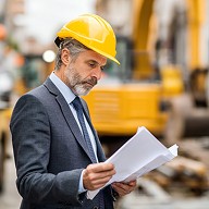 Real estate professional wearing a hard hat works at a construction site with construction plans, building materials, and machinery in the background, natural lighting.