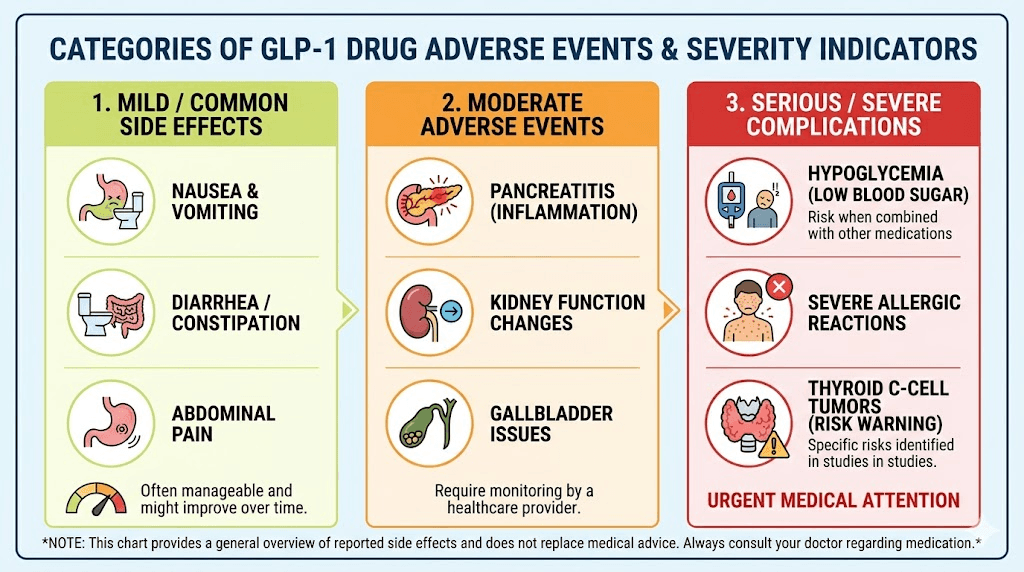GLP-1 lawsuit qualifying injuries chart showing gastroparesis and NAION claims