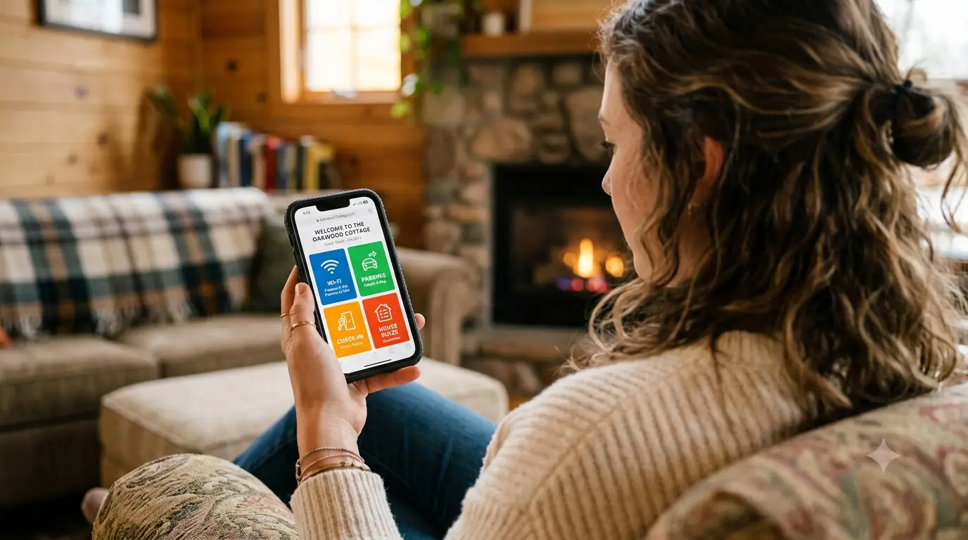 A guest viewing a vacation rental digital guidebook on their phone from a natural angle.