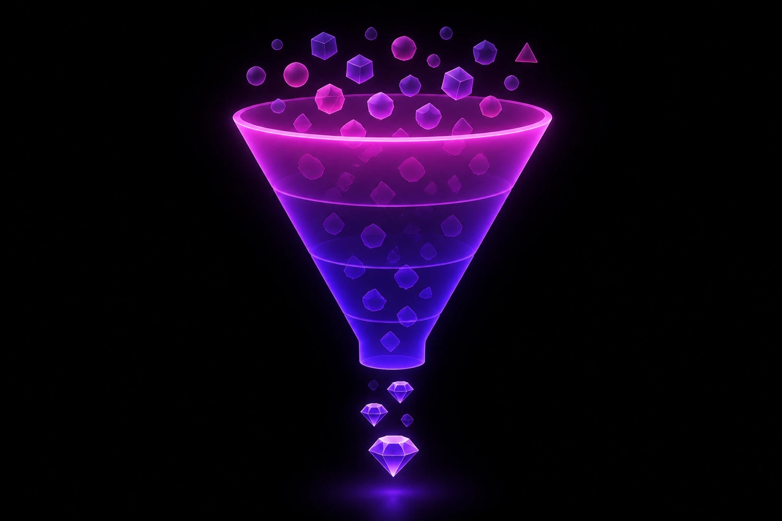 A minimalist digital illustration of a high-tech qualification funnel filtering geometric shapes. Alt: Digital funnel illustration representing AI lead qualification for home builders.