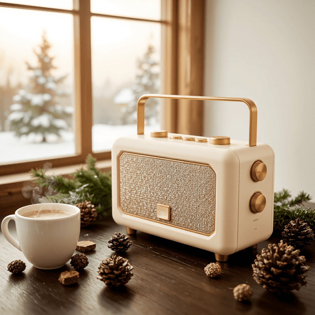 product photography of a portable Bluetooth speaker with a retro design