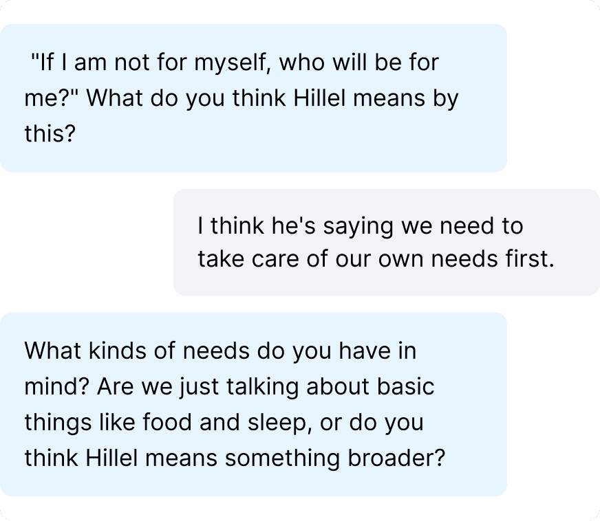 Screenshot of chat where student is learning about Hillel and Jewish values. 