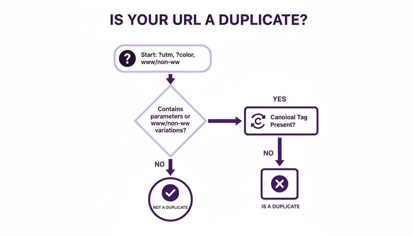Flowchart explaining how to identify duplicate URLs based on parameters and canonical tags.