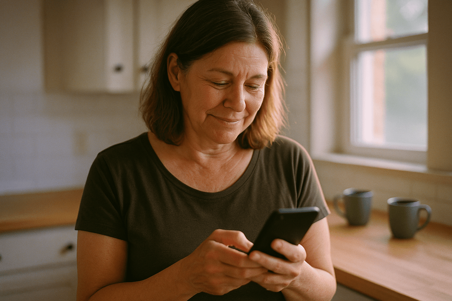 A middle-aged woman stands at a kitchen counter in soft afternoon light, looking at her phone with quiet relief.