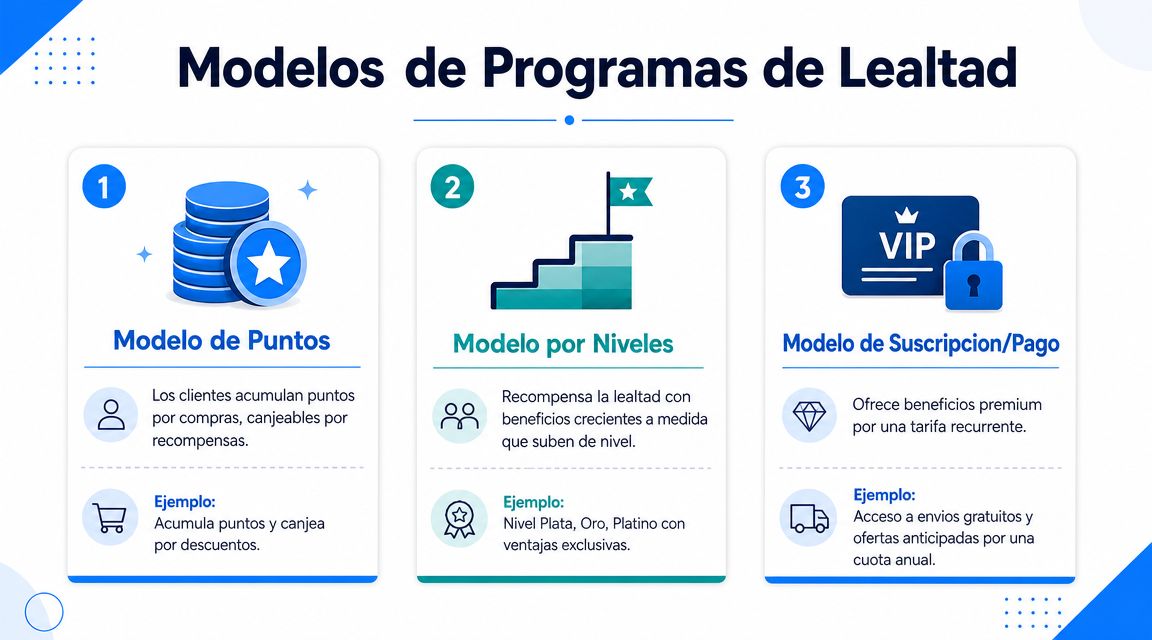 Infografía que presenta tres modelos populares de programas de lealtad para clientes de empresas.
