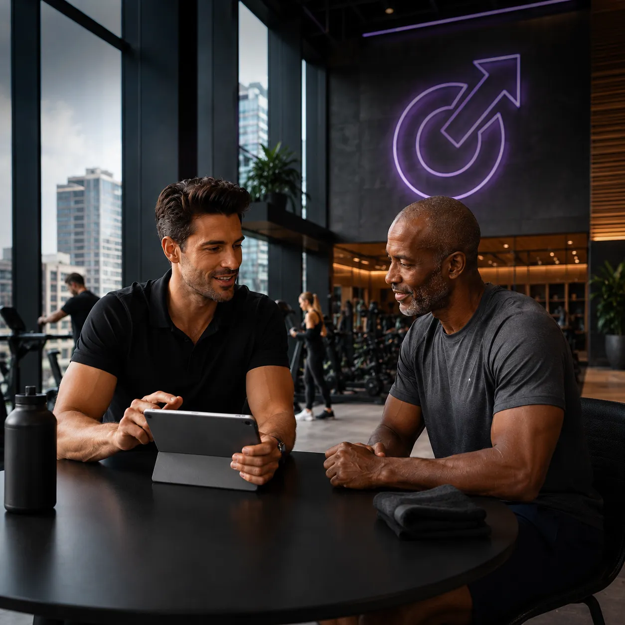 Entraineur de gym assi à une table avec un client, il parle de son profil d'entrainement