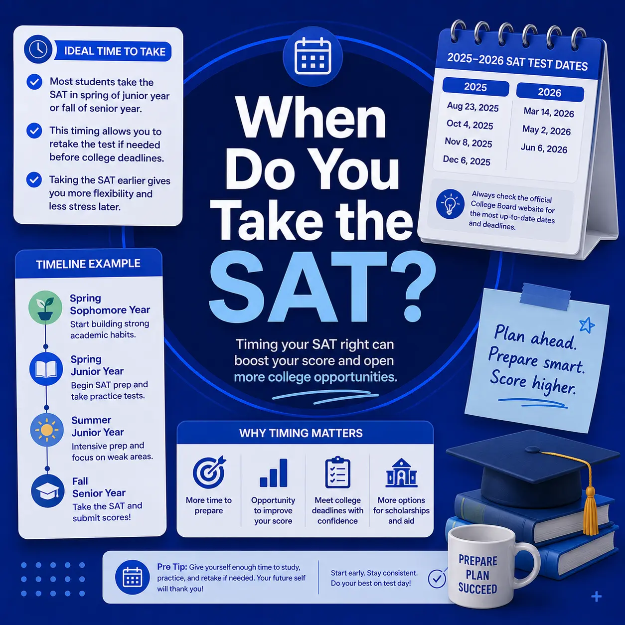 When to take the SAT grade by grade timeline for 2026 showing junior spring first attempt and senior fall retake windows for college admissions.