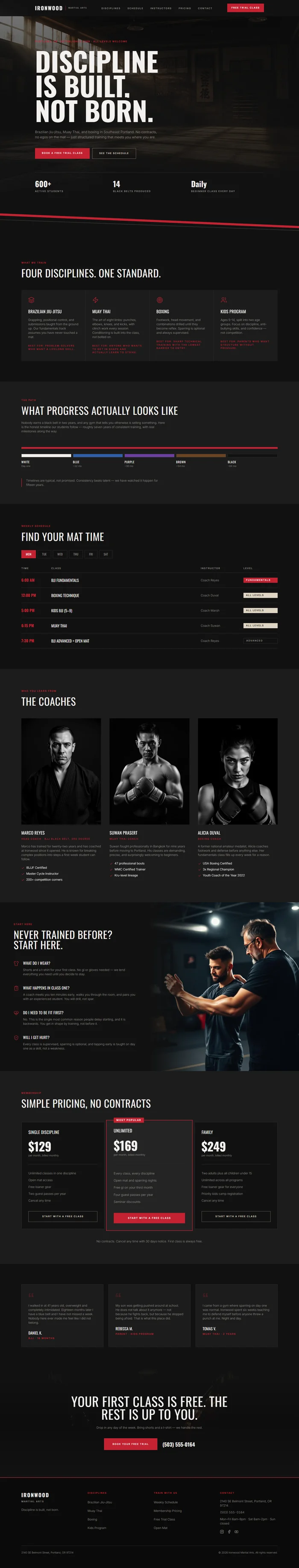 Full martial arts academy website design: dojo hero, disciplines, belt progression, schedule, pricing