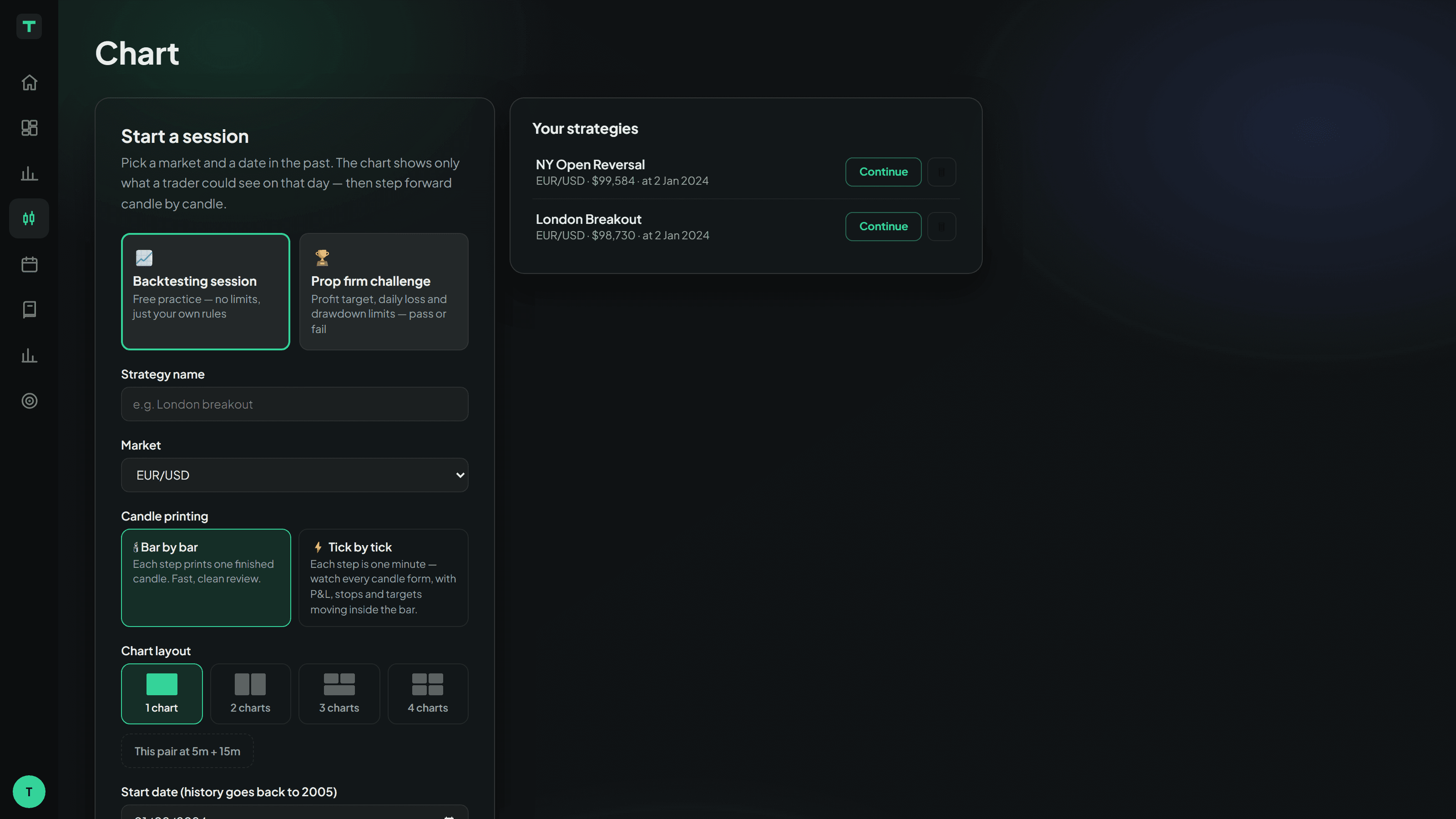 The session setup screen