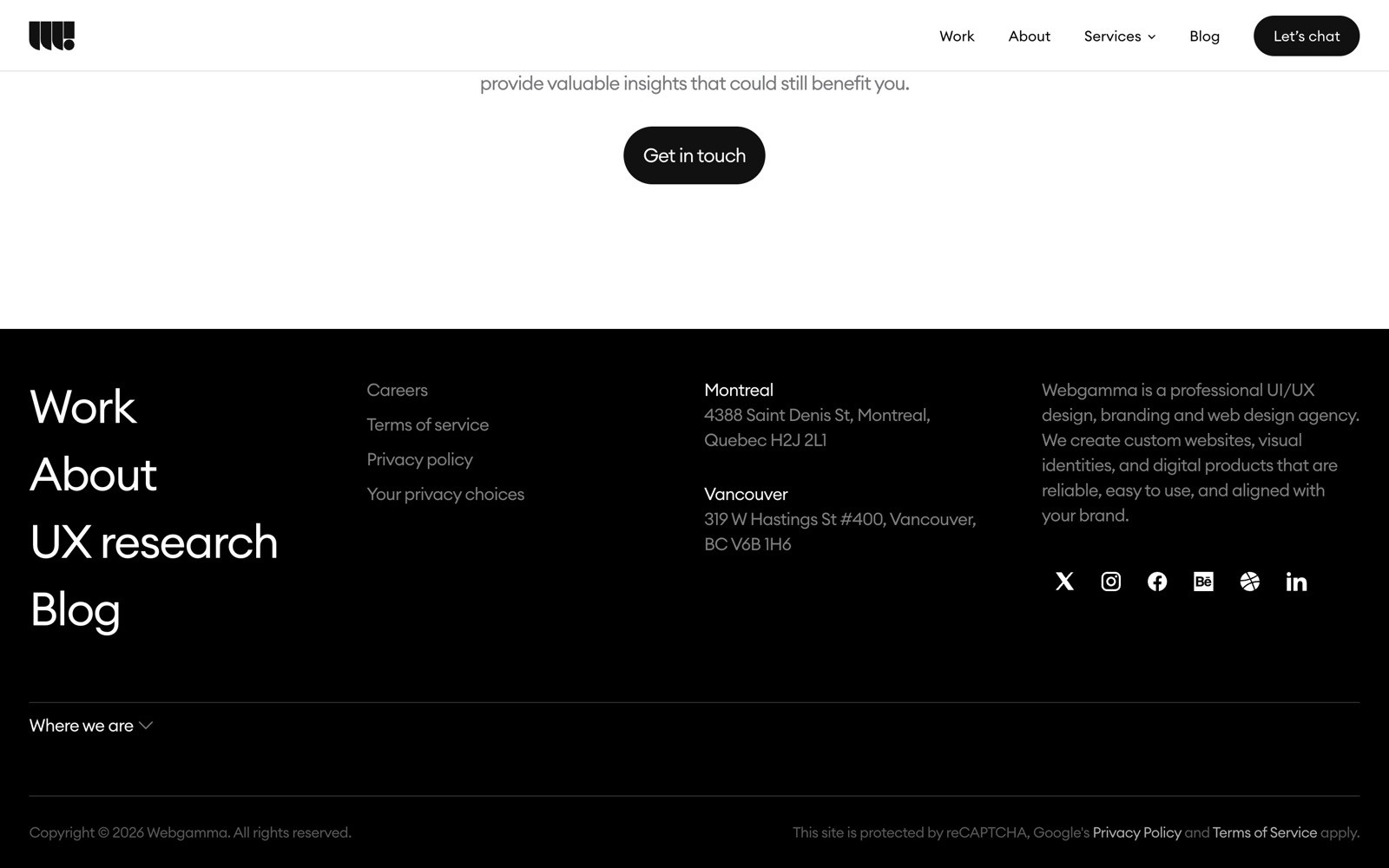 Black and white website footer with navigation links: Work, About, UX research, Blog. Contact info for Montreal and Vancouver.