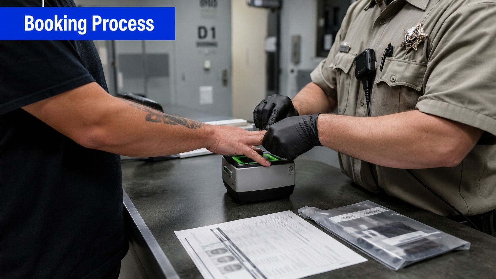 A law enforcement officer in uniform taking fingerprints of a person as part of the booking process.