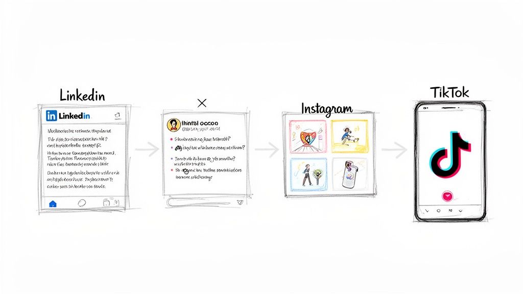 A visual flow illustrating content progression from LinkedIn to Instagram and TikTok across various social media platforms.