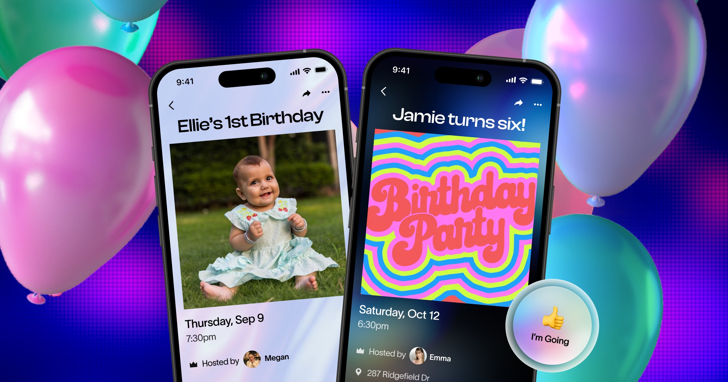  Two phones display customizable baby shower digital invitations against a dreamy pastel background with sparkles. The left screen shows a vintage-style online baby shower invite reading “Em’s having a baby!” with a blue bow design. The right screen features a modern floral digital baby shower invitation titled “Welcoming Olivia.” A floating RSVP button says “I’m Going.” Perfect for creating and sending baby shower invites online.