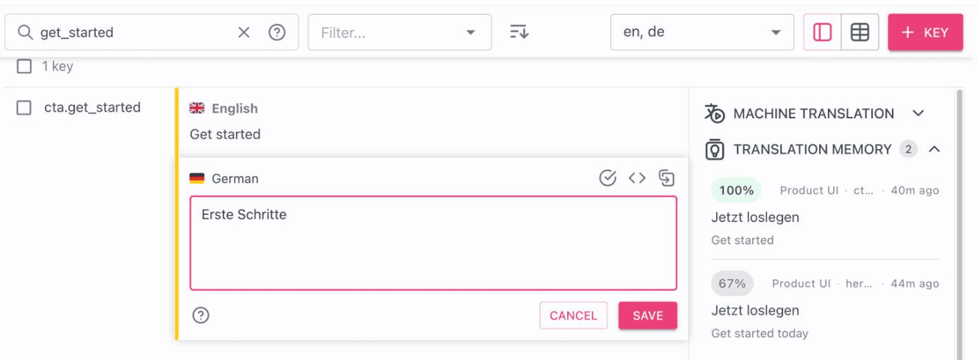 The Web app translation editor showing the German value Erste Schritte alongside a 100% translation memory match of Jetzt loslegen coming from the Product UI shared memory.