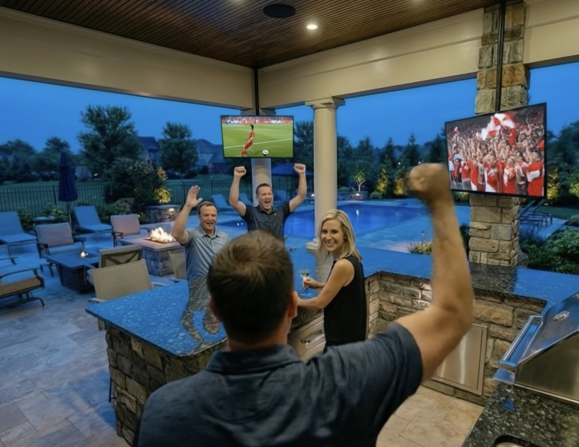 Friends celebrate a score