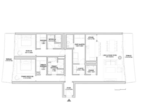 Floor plan of an apartment at The Residences at Dubai Beach Edition, showcasing layout and room dimensions.
