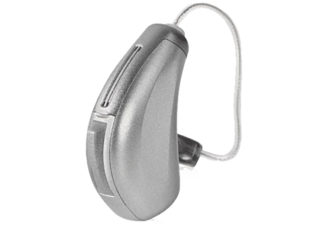 A silver door handle attached to a wall, featuring a curved lever design for easy gripping. Modern Hearing Aid