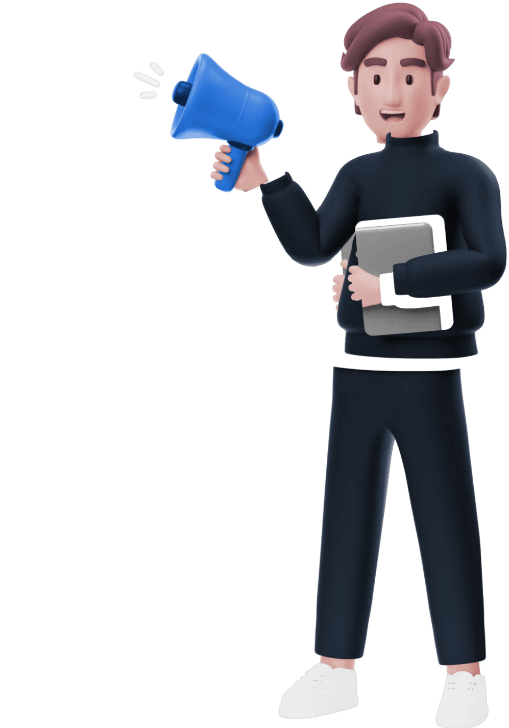 דמות תלת־ממד מחזיקה מגאפון ומחזיקה לפטופ ביד השנייה, מסמלת השקת פרויקט חדש ותקשורת שיווקית