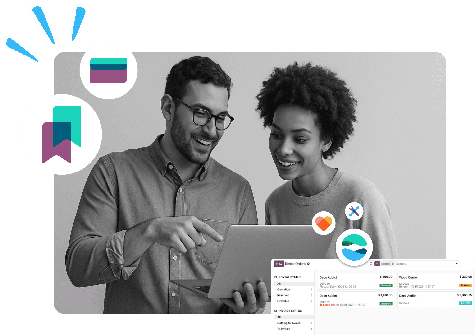 Australian professionals collaborating on a laptop with Odoo ERP project management and finance dashboards