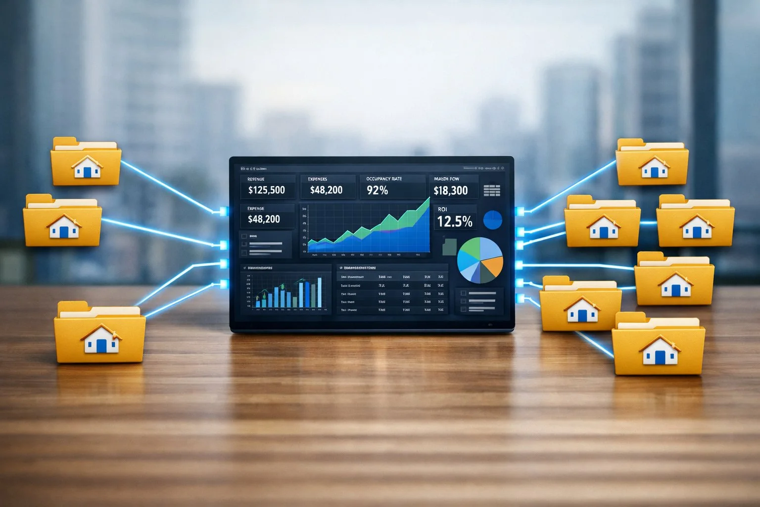 Illustration of one small folder expanding into multiple folders linked to a central financial dashboard, representing scalable growth.