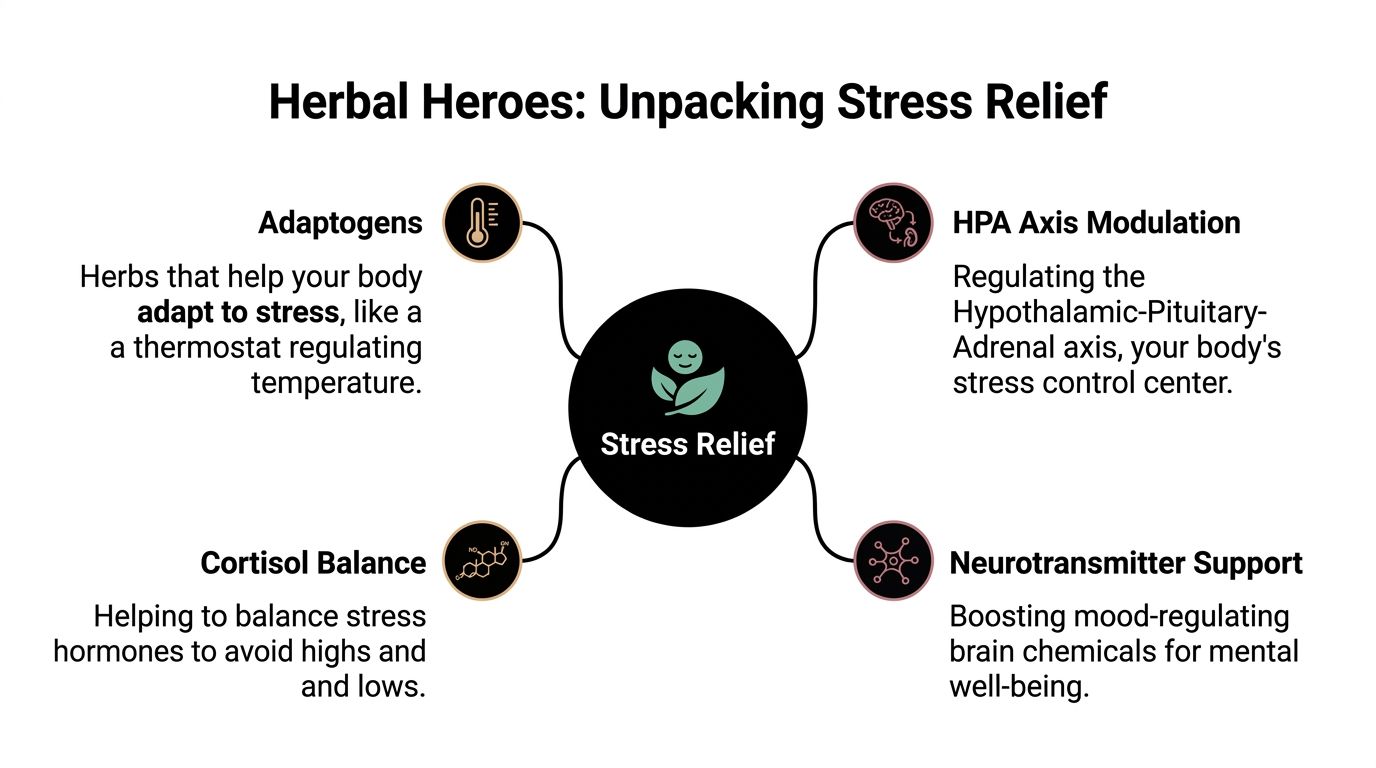 A diagram explaining how adaptogens and herbal supplements provide stress relief through various biological pathways.