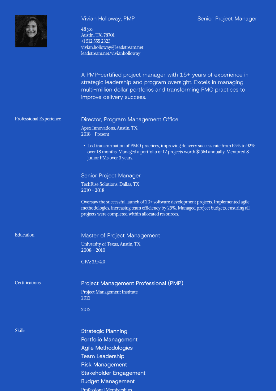 Senior project manager resume example showing leadership