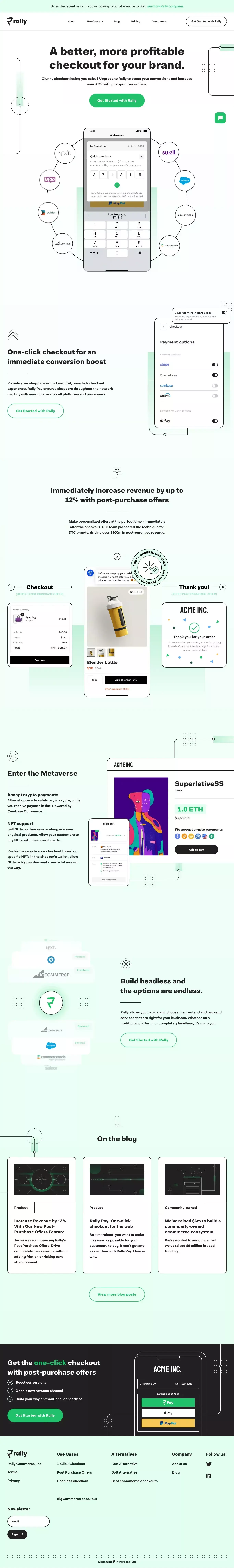 Rally - a better, more profitable checko landing page screenshot showcasing Tech and Finance design
