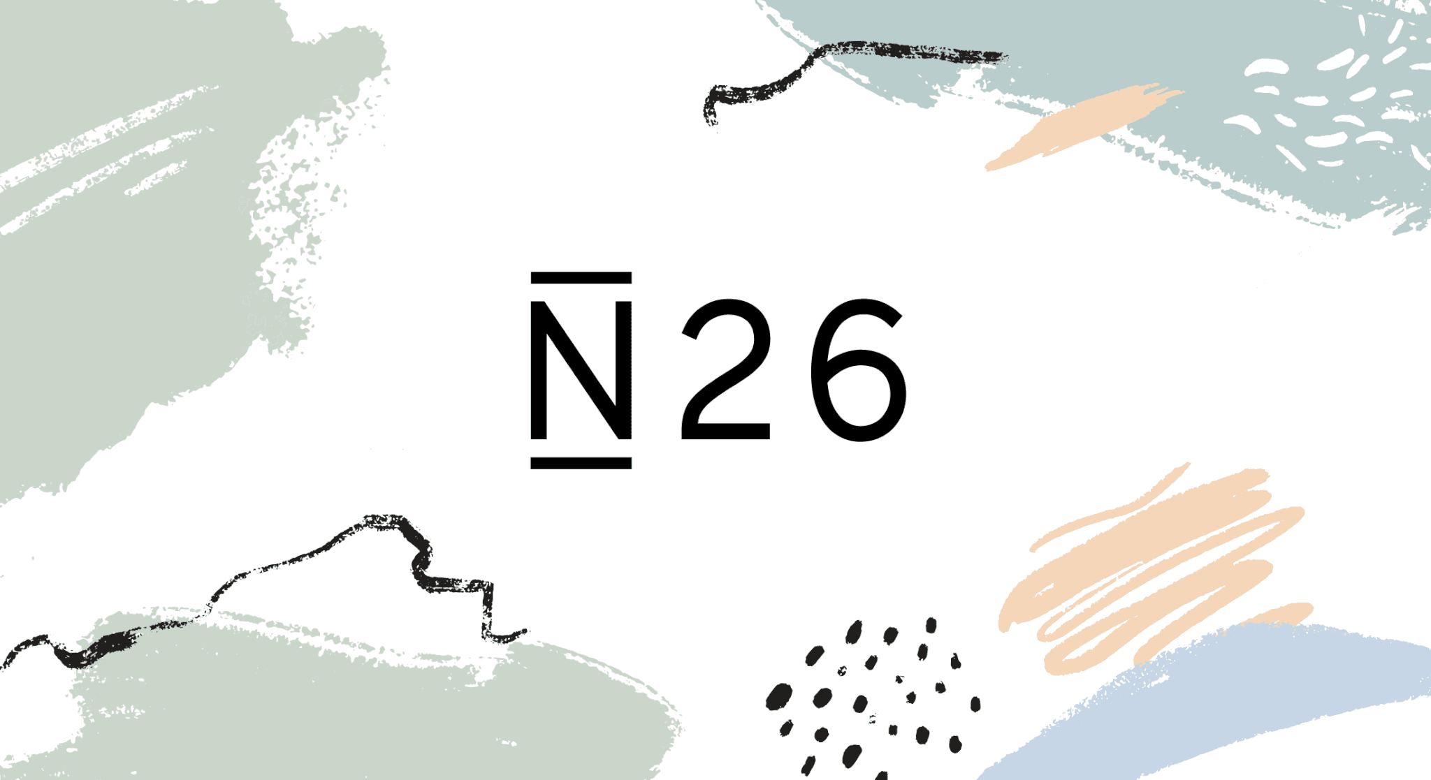 N26 bank logo on a white background with pastel green and peach abstract brush strokes