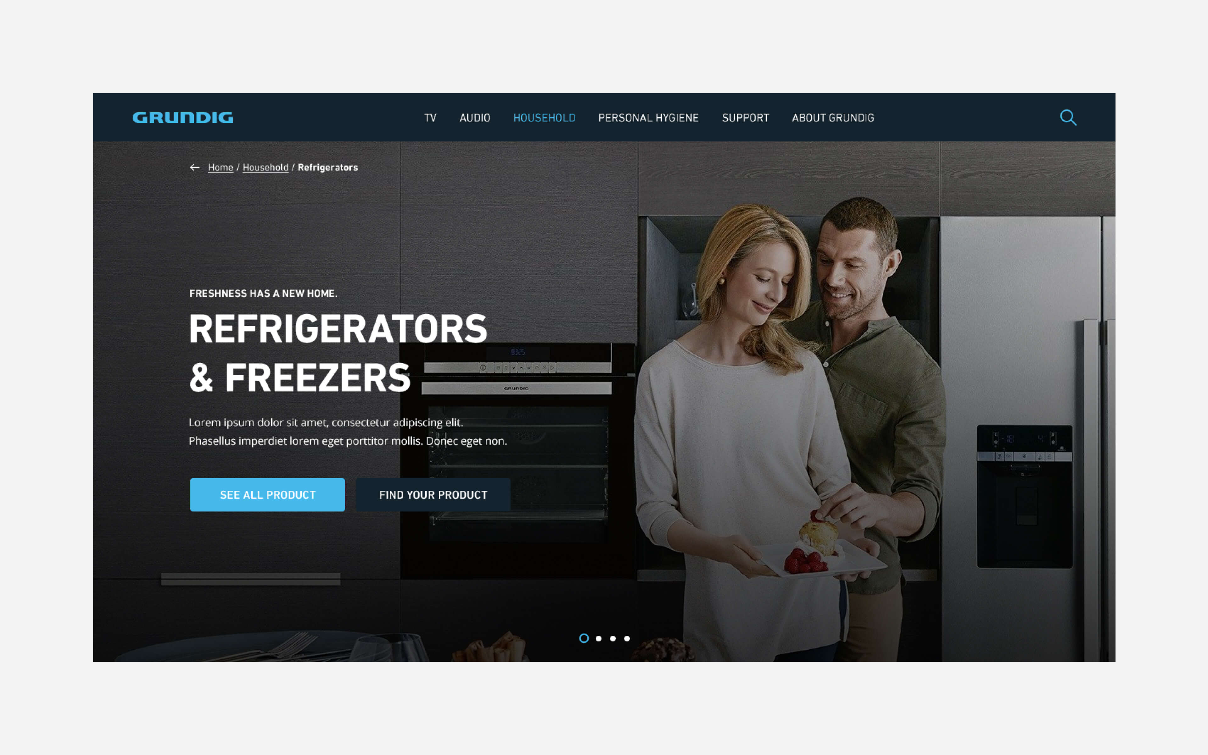 Couple standing beside Grundig refrigerator in modern kitchen, exploring premium refrigerator and freezer options.