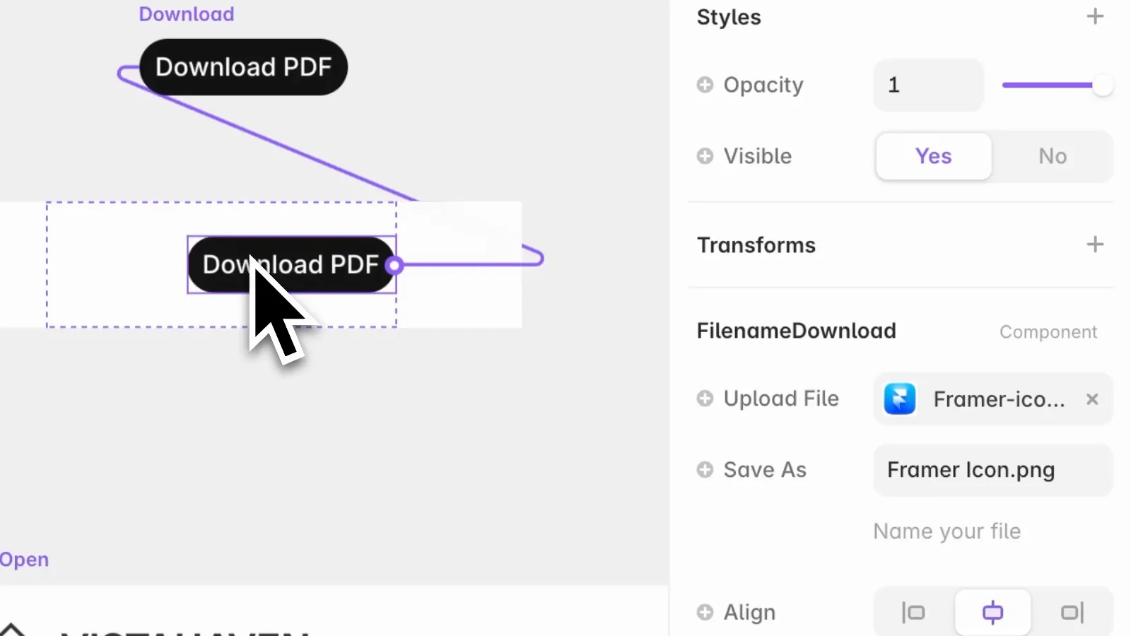 The Filename Download component with Upload File and Save As filled in