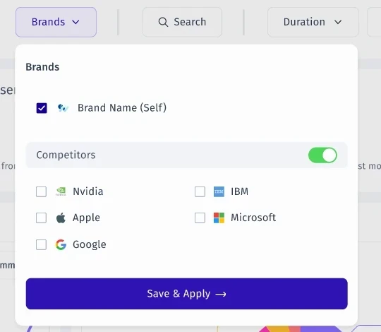 Brands selector with the self brand, a toggle to compare with competitors and a checklist of competitor brands.