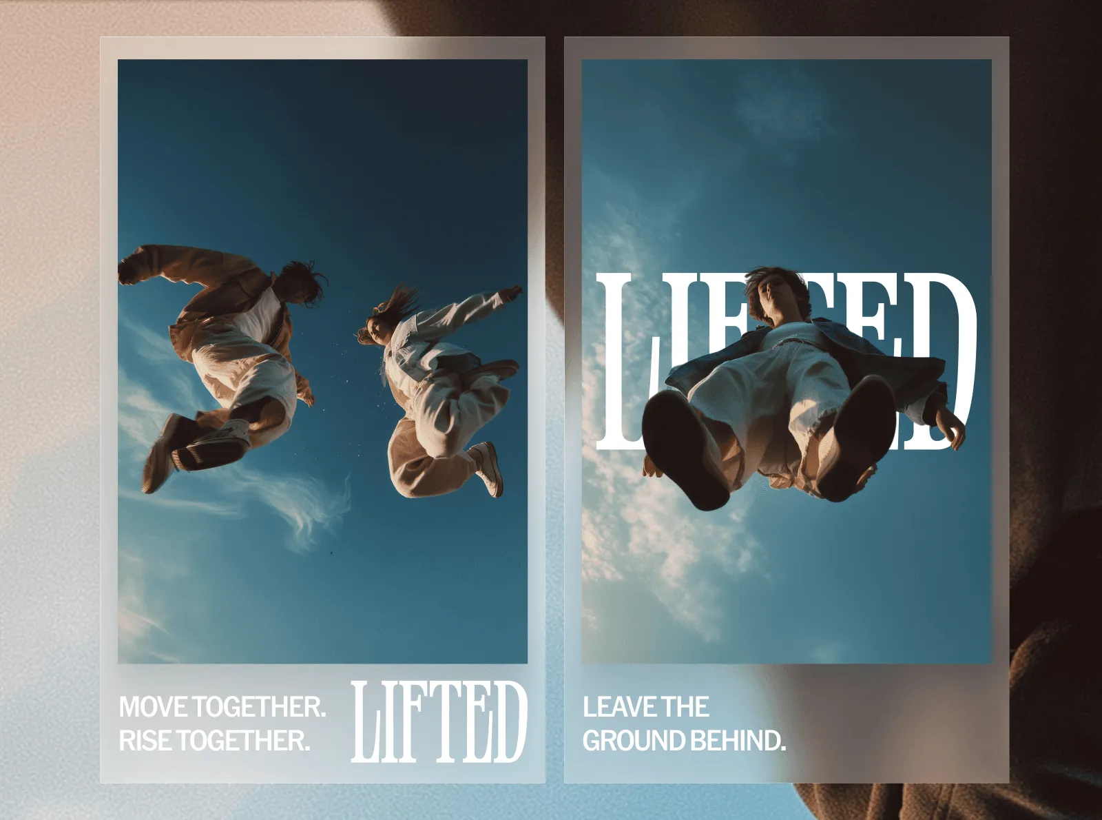 Two side-by-side images showing people performing acrobatic moves against a bright sky. Text overlays included.