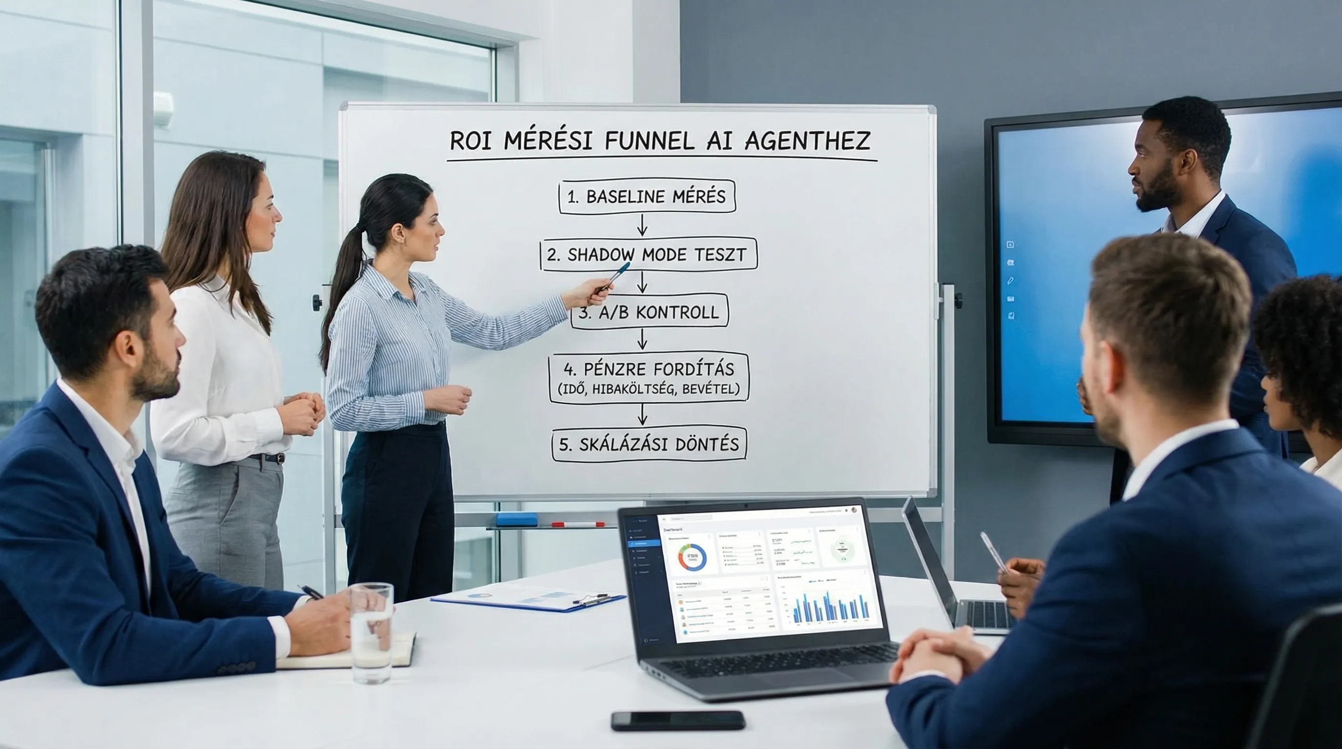 ROI mérési funnel vállalati AI agenthez: baseline mérés, shadow mode teszt, A/B kontroll, pénzre fordítás (idő, hibaköltség, bevétel), majd skálázási döntés.