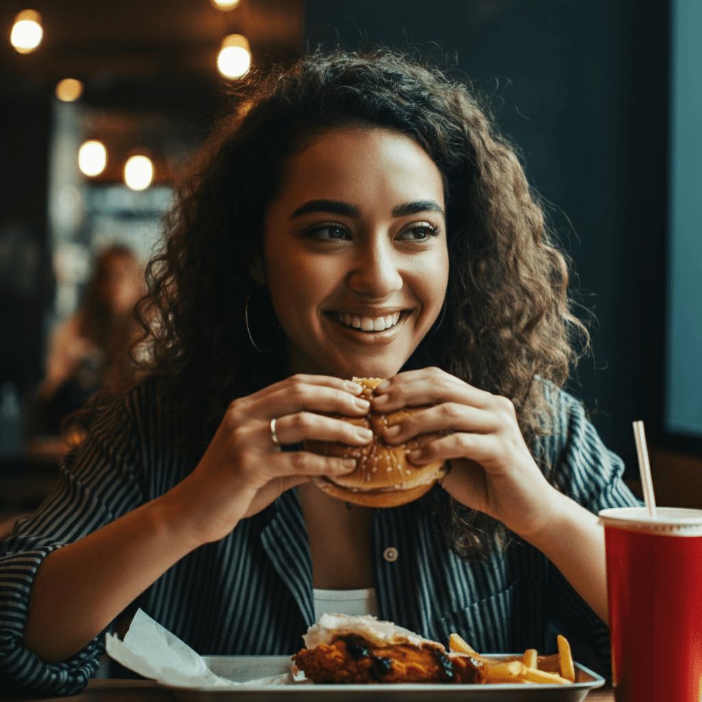 A woman holding a hamburger, smiling.