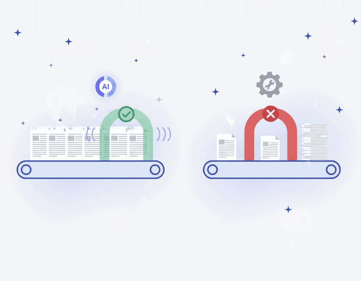 Vector comparison of unlimited document flow versus restricted batch pipeline, illustrating Relixir and Sanity capacity