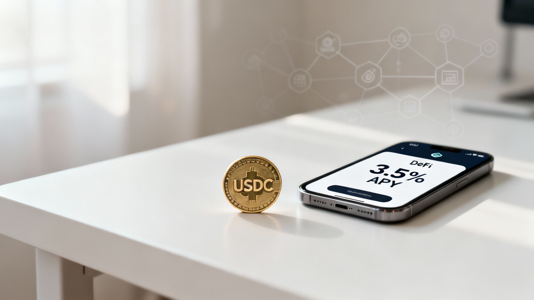 A USDC stablecoin stands next to a smartphone showing a DeFi app with 3.5% APY, illustrating cryptocurrency investment.