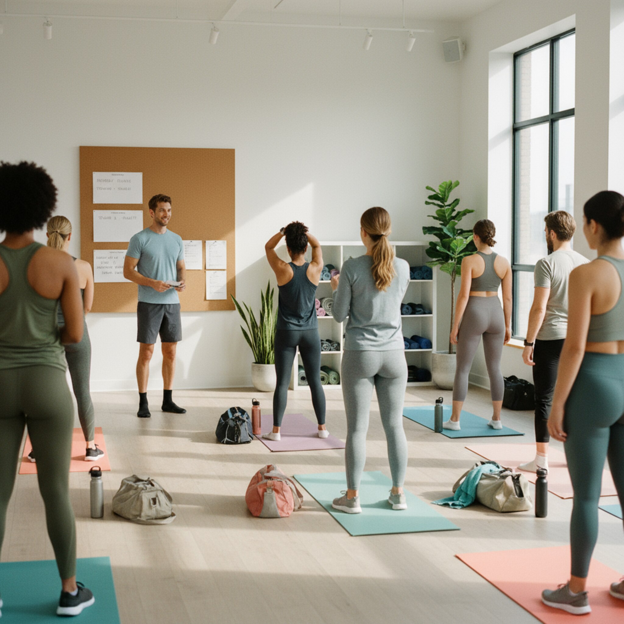 Ein Trainer begrüßt die Gruppe mit einem kurzen Blick auf seinen gedruckten Tagesplan. An einer Pinnwand hängen übersichtliche Kurs- und Raumhinweise. Teilnehmende nicken, stellen Wasserflaschen ab und machen sich bereit. Die Stimmung ist klar, freundlich und organisiert.