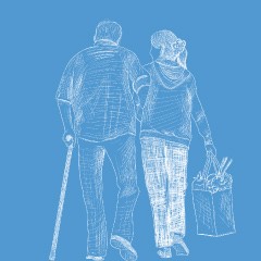 Portada de Sistemas de cuidados en el mundo, estudio de IdeaPaís, mostrando una ilustración de dos personas caminando de espaldas, una de ellas con un bastón y la otra, que lo ayuda, llevando una bolsa. 