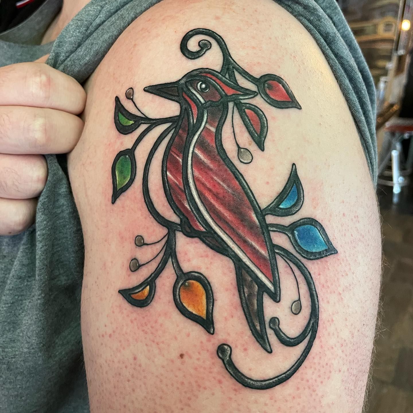 Colour cardinal bird tattoo on a shoulder