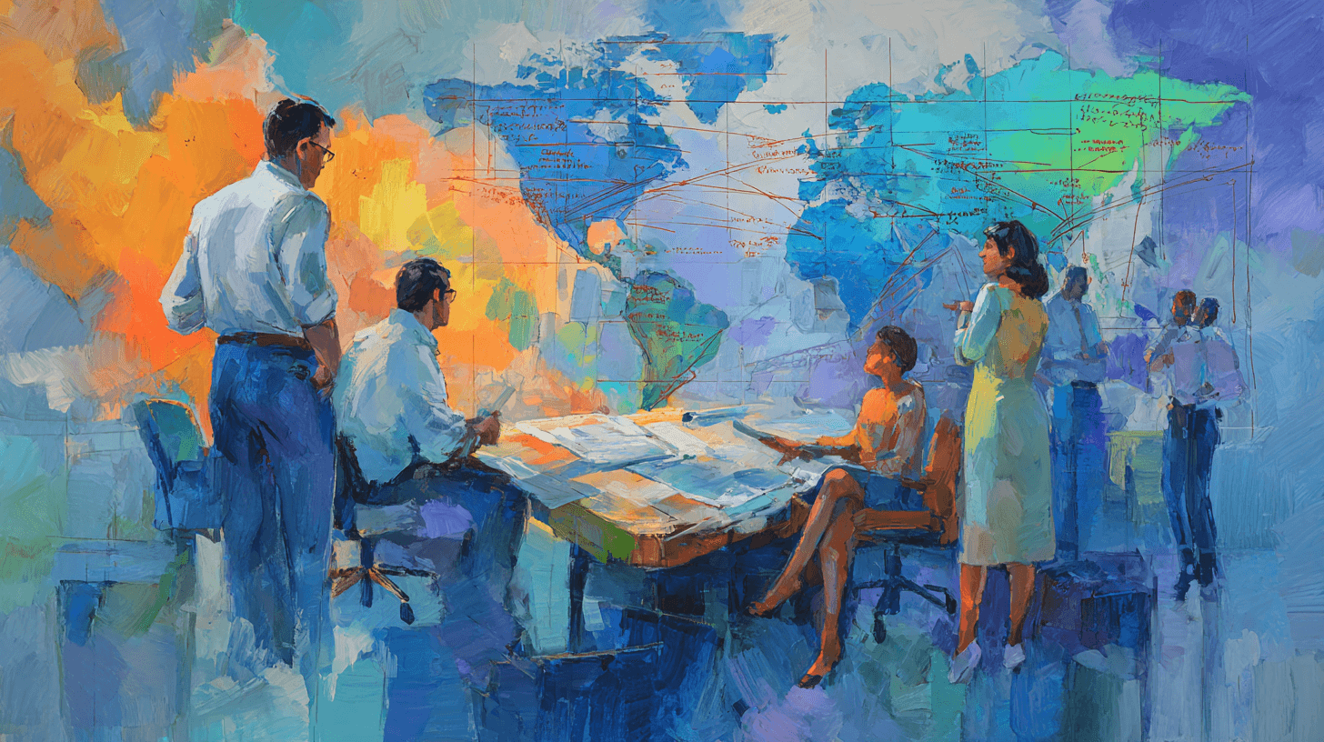 An oil painting depicting professionals in a modern office preparing strategies for the 25% AI chip tariff. The scene shows individuals reviewing supply chain plans and global trade routes, symbolizing business agility and compliance in response to new tariff regulations.