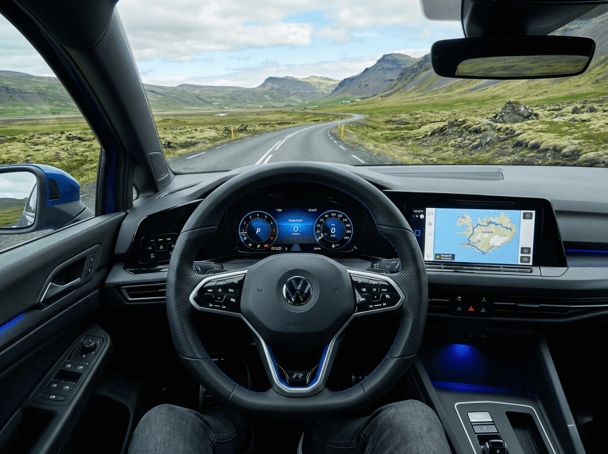 View from the driver's seat looking out through the windshield at a road stretching towards distant mountains.