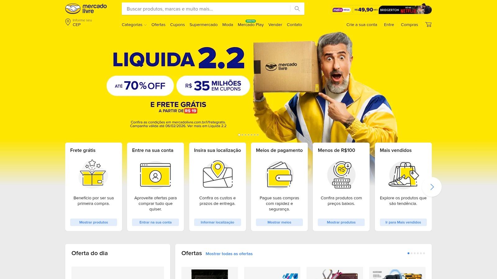 A user browsing Mercado Livre for sales books, showing the platform's diverse listings and price comparison opportunities.