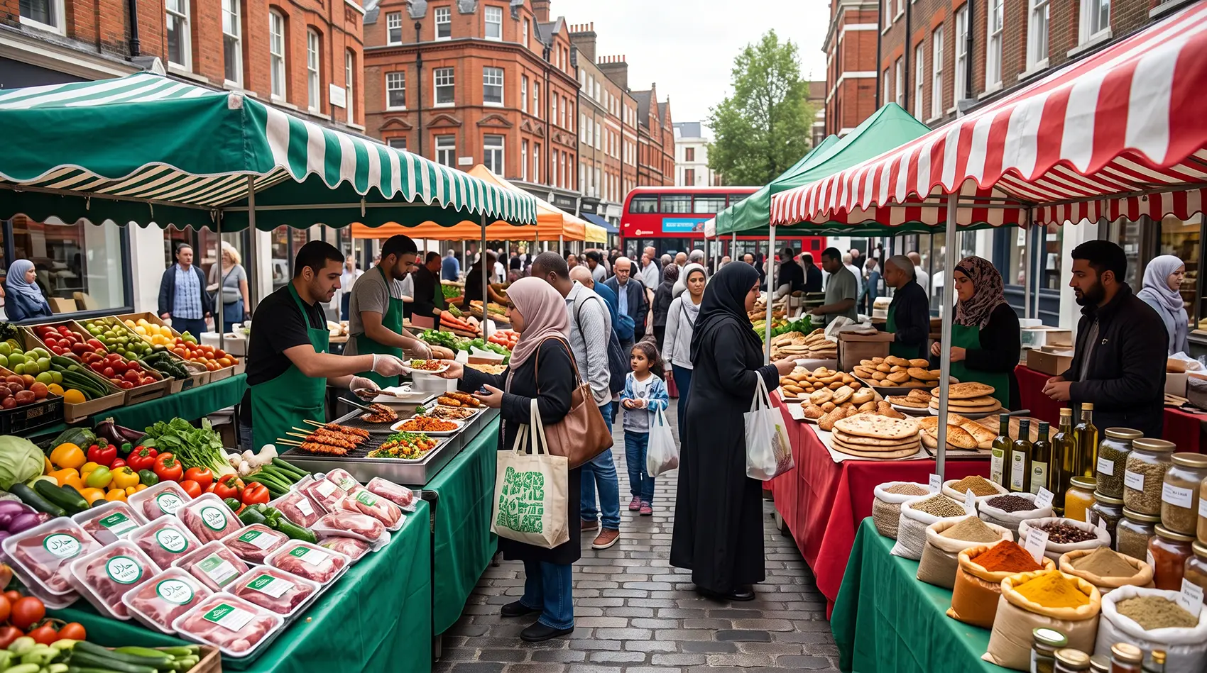 Busy halal food market in European street with stalls selling halal meat kebabs flatbreads spices vegetables and Muslim shoppers