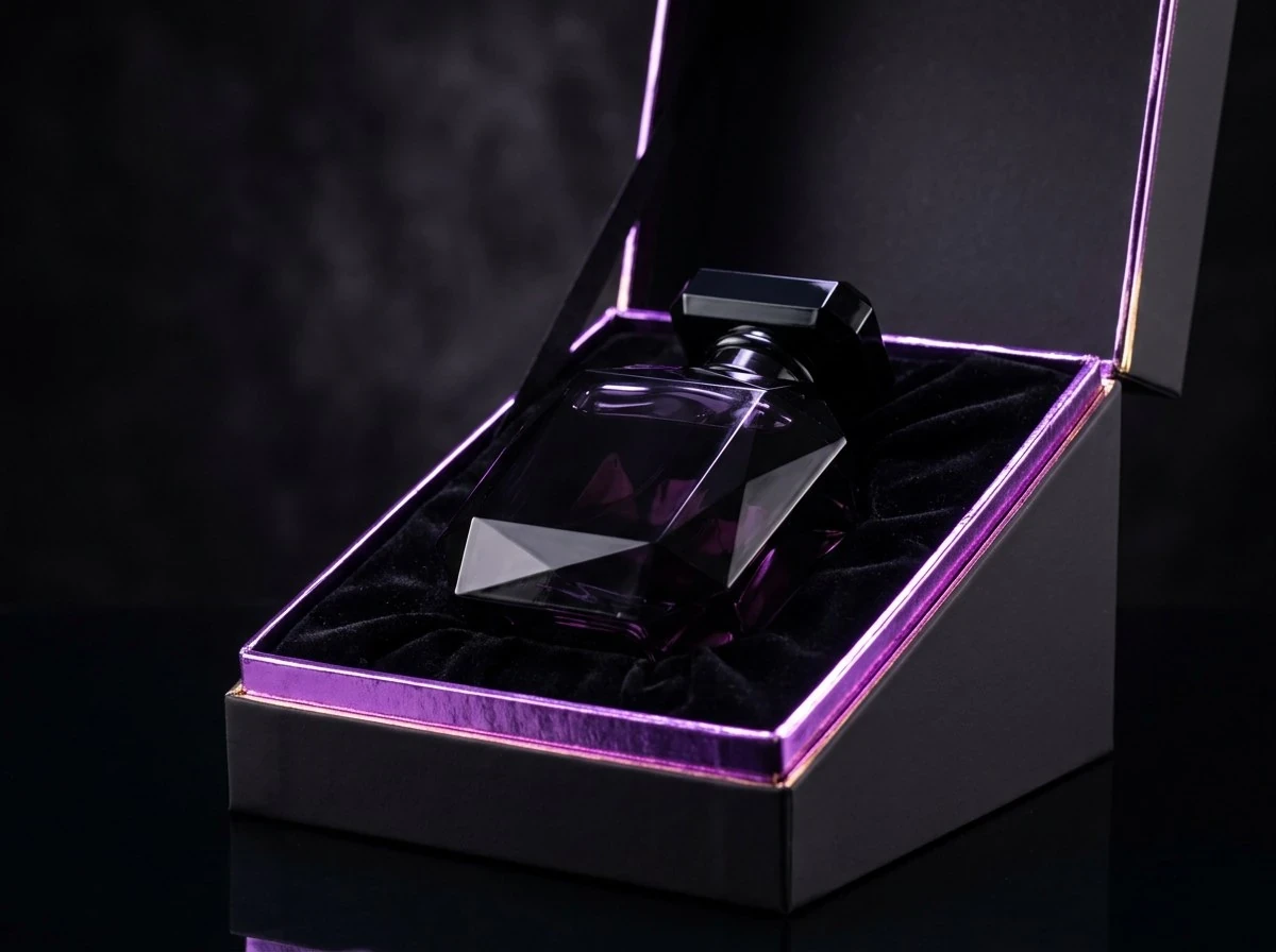 Open black perfume box with violet foil edges
