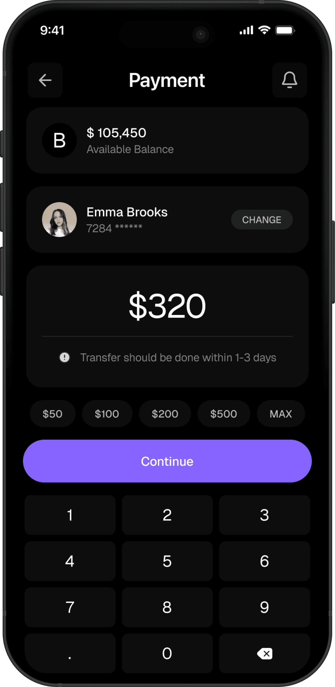 Payment screen with balance, recipient, and amount input.