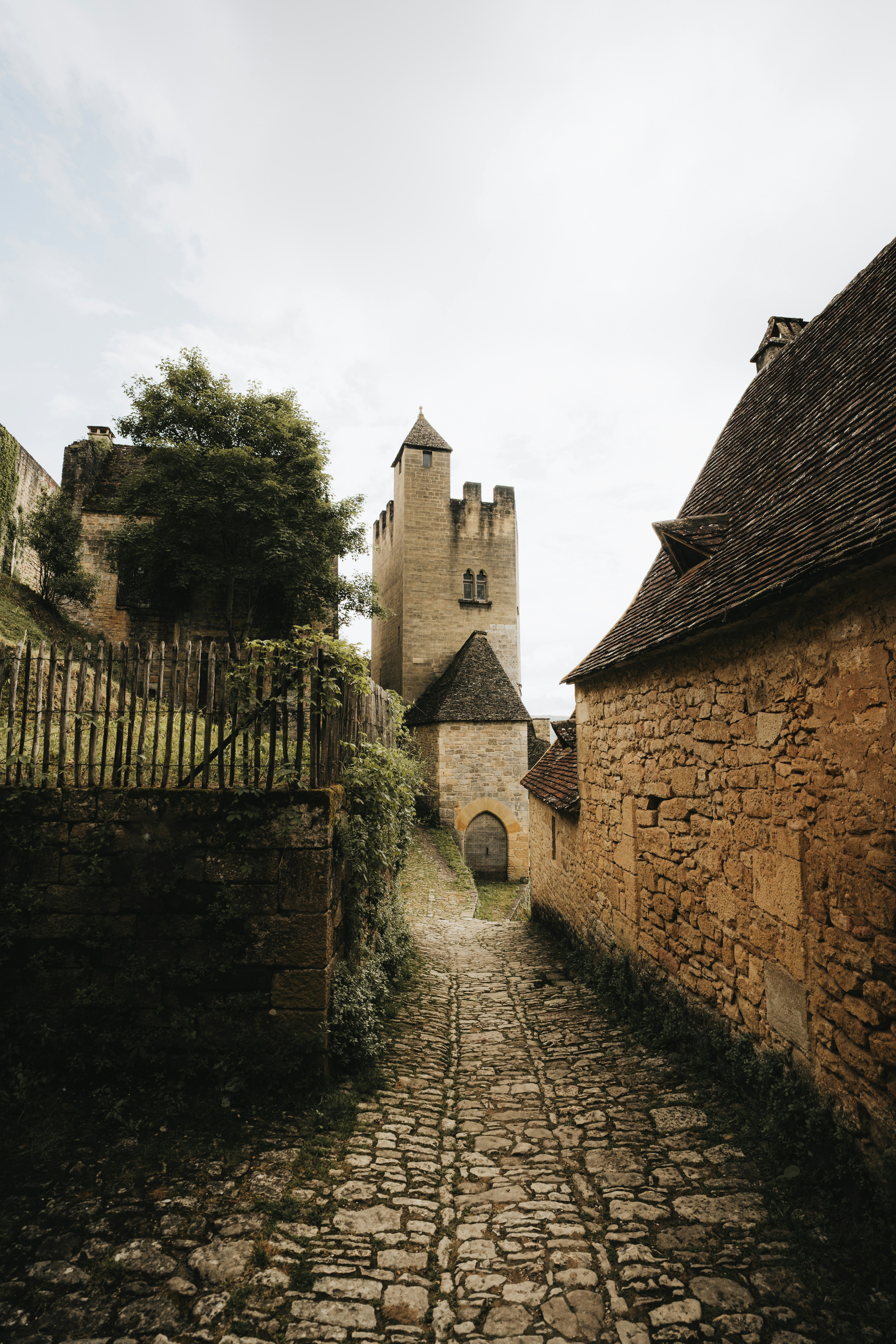 A narrow cobblestone path leads to an old stone tower.